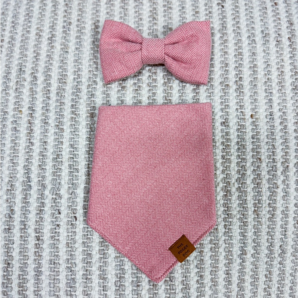 The Foggy Dog Pink Herringbone Bow Tie and Bandana Set
